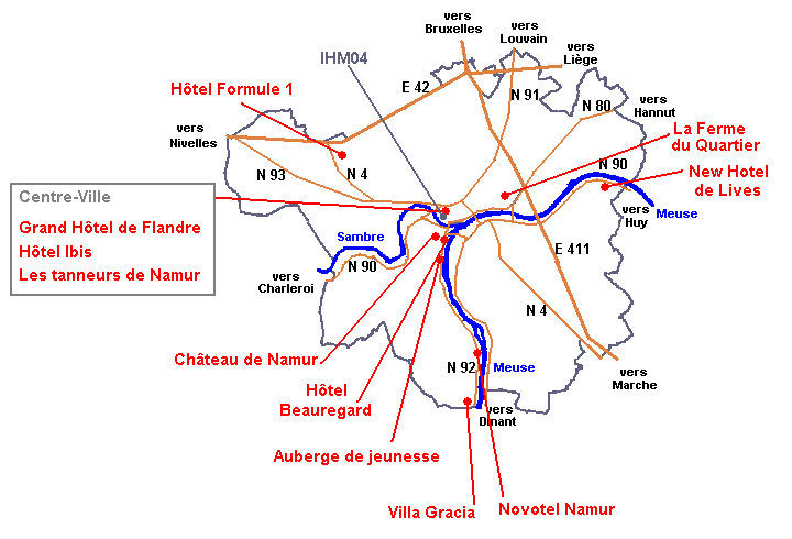 Plan des hôtels dans le grand-Namur